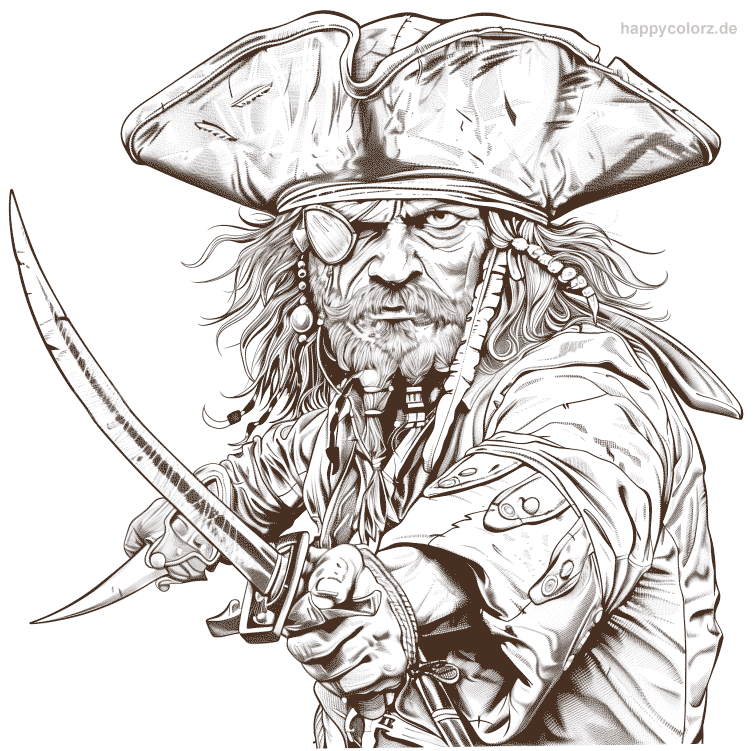 Portrait Pirat mit Säbel und Dolch Malvorlage zum Ausdrucken