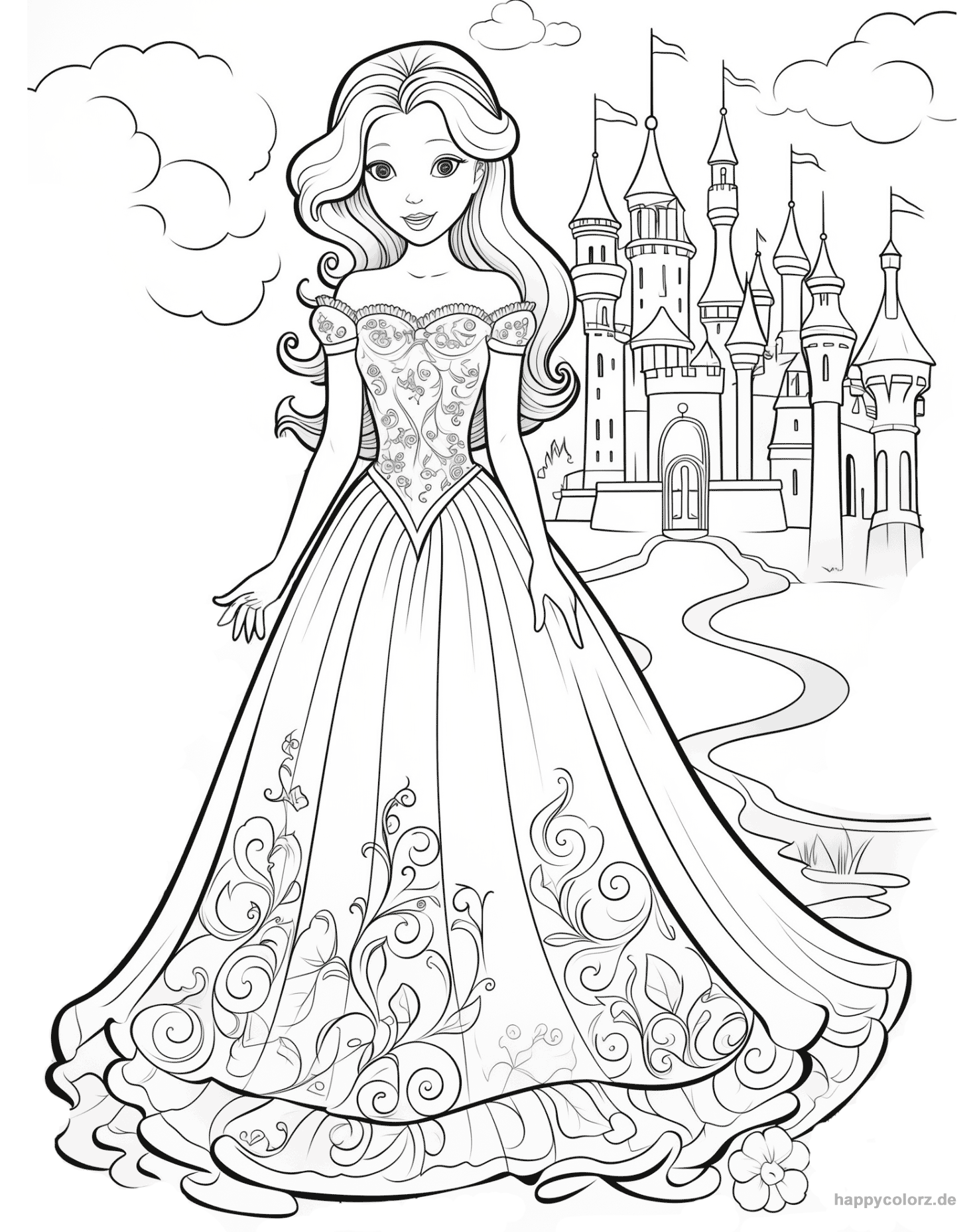 Ausmalbild Prinzessin mit Schloss im Hintergrund