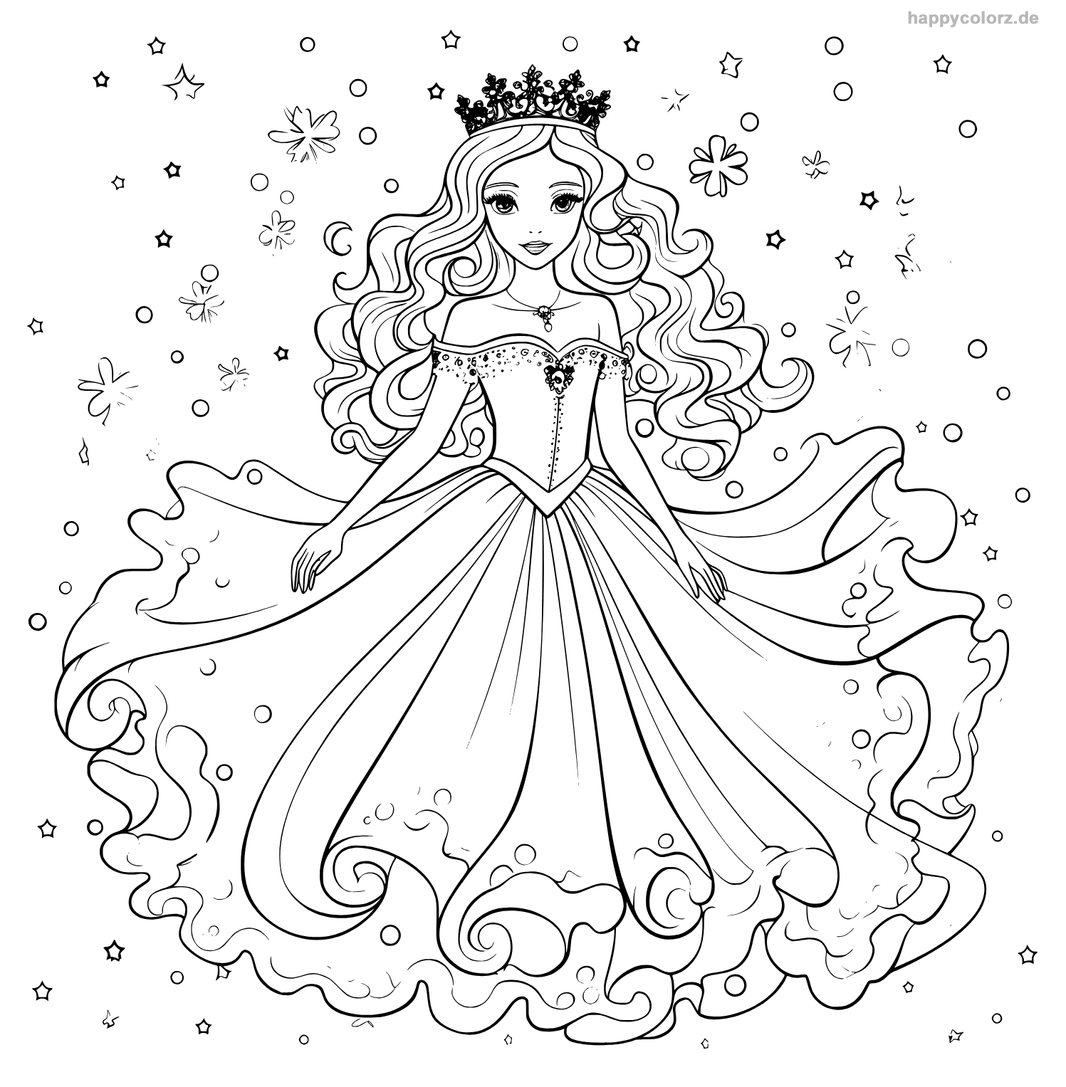 Prinzessin mit Sternen und Blumen Malvorlage