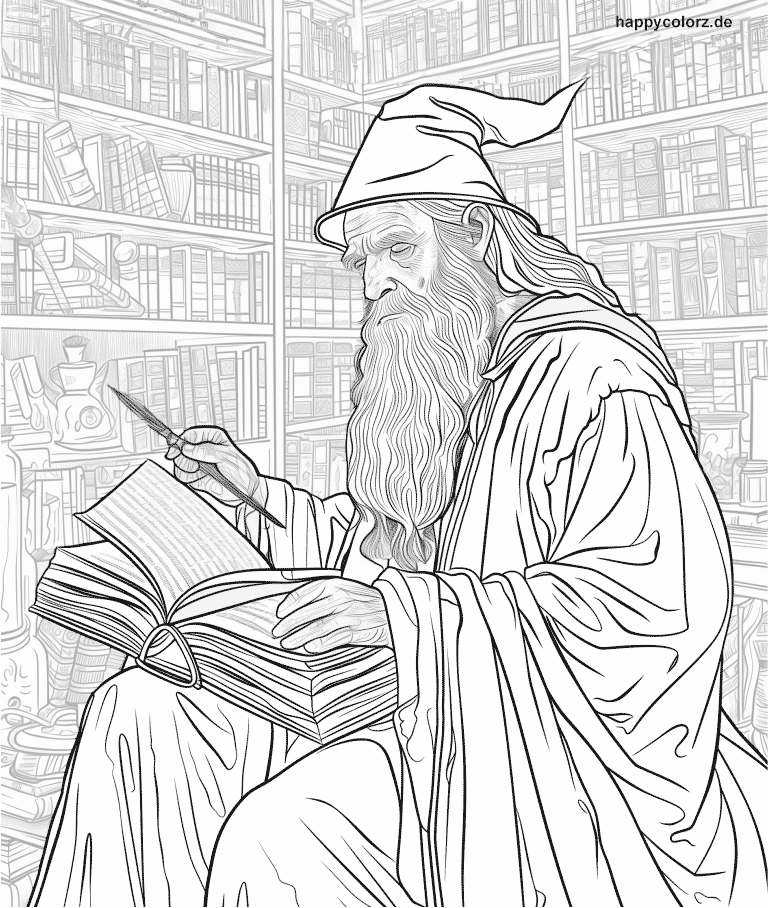 Alter Zauberer in mystischer Bibliothek