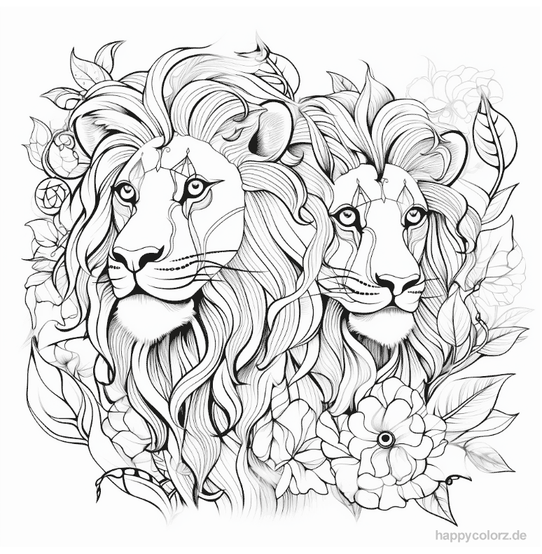 Mandala Löwen-Paar mit Blumen zum ausdrucken