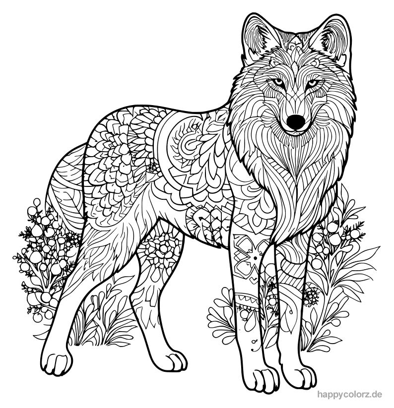 Mandala Wolf mit Blumen Ausmalbild