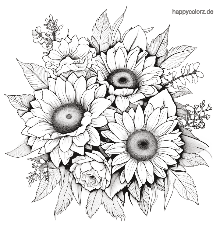 Ausmalbild Sonnenblumen Strauß 
