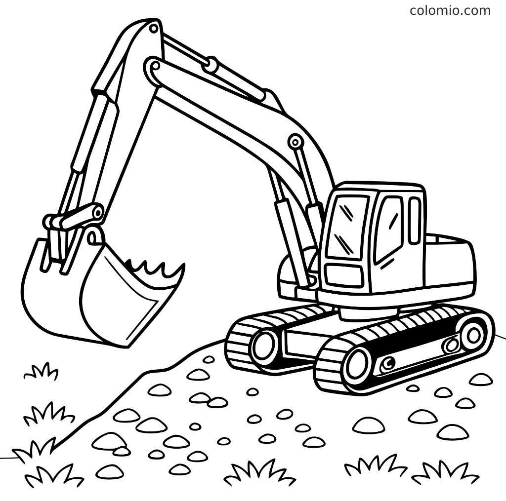 Ein Bagger mit großer Baggerschaufel, langem Gelenkarm, Fahrerkabine und Ketten steht auf steinigem Boden mit kleinen Grasbüscheln.