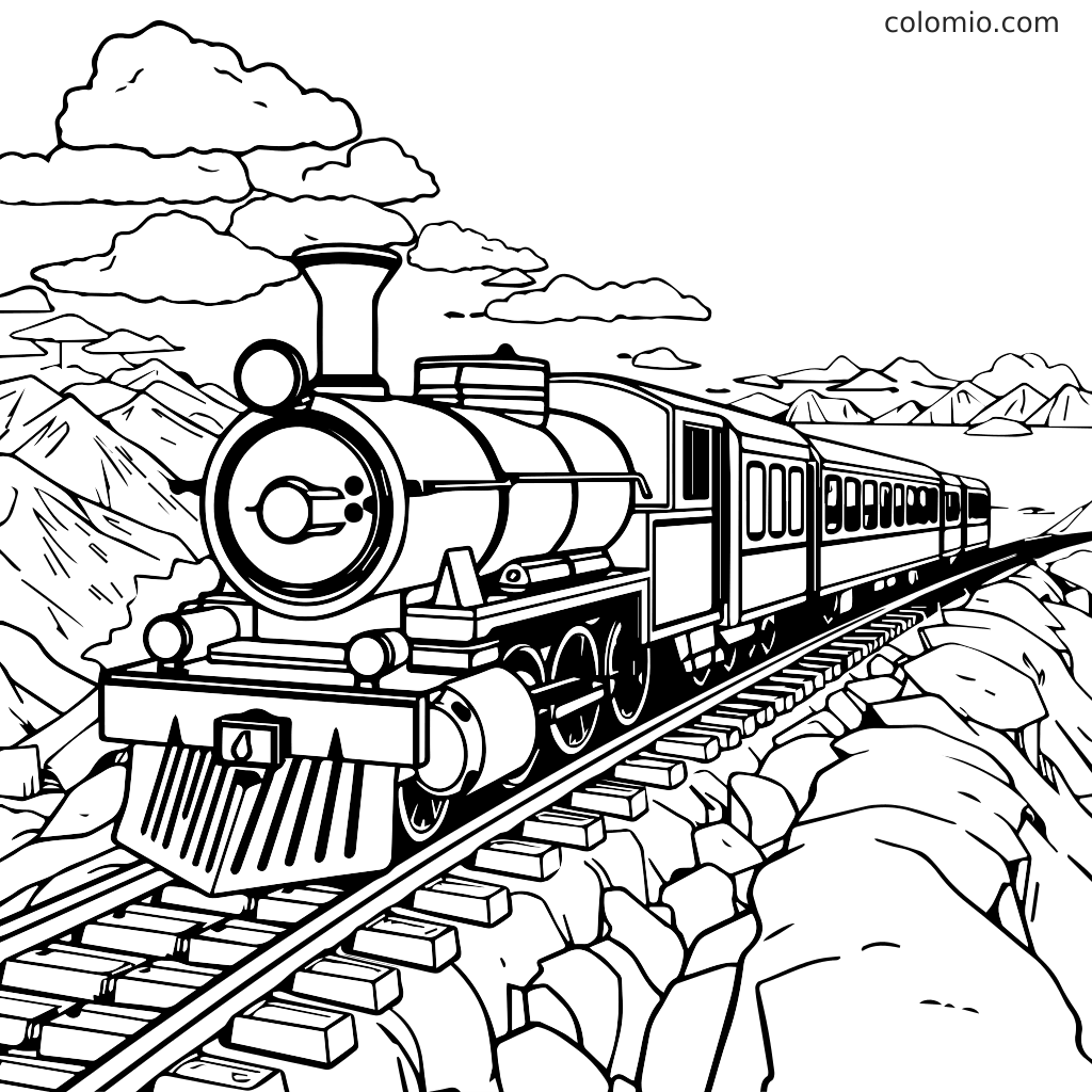 Ein detailliertes Ausmalbild einer klassischen Dampflok, die durch Berge und Wolken fährt.
