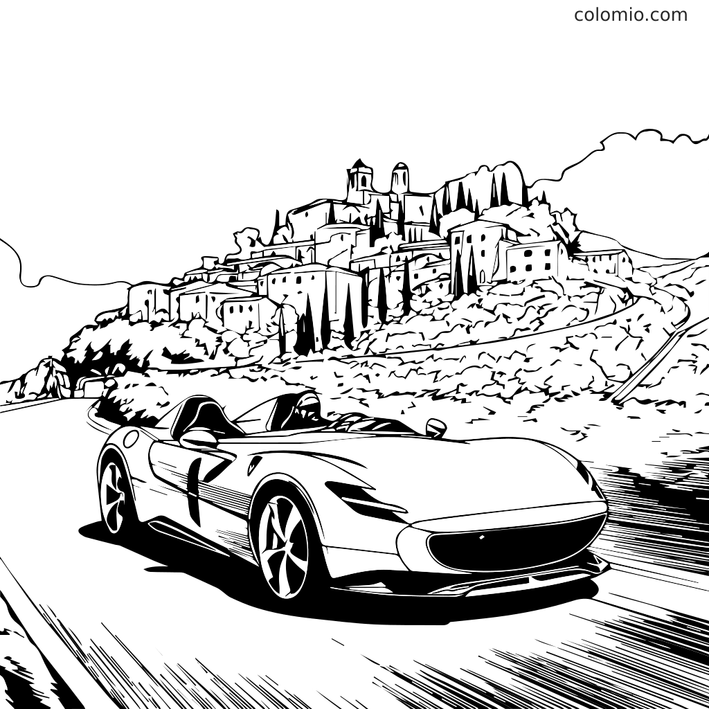 Eine Ausmalvorlage mit einem Sportwagen auf einer kurvenreichen Straße mit einem Dorf im Hintergrund.