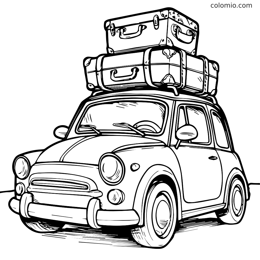 Ausmalbildmit Auto und Gepäck für Kinder Eine Ausmalbildmit einem niedlichen Auto, auf dem mehrere Koffer gestapelt sind, perfekt für Kinder.