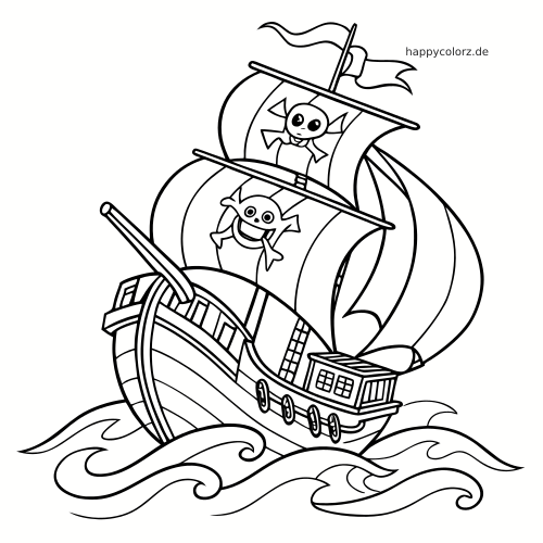Eine Piratenschiff-Malseite mit einem großen Segelschiff mit Totenkopfflaggen, hohen Masten und Wellen unter dem Rumpf.