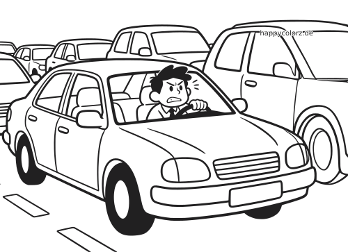 Ein gezeichnetes Auto steht in einem dichten Verkehrsstau, während der verärgerte Fahrer durch die Windschutzscheibe zu sehen ist.