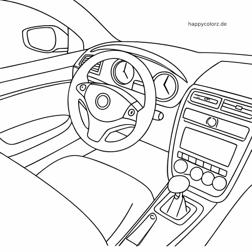 Einfache Strichzeichnung eines Auto-Innenraums mit Lenkrad, Armaturen, Mittelkonsole und Schalthebel in Nahansicht.