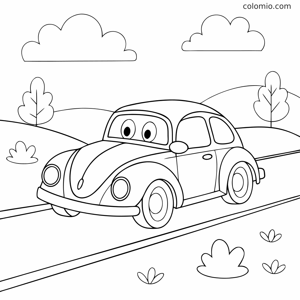 Ein Cartoon-Auto (Käfer) mit großen Augen fährt auf einer Straße durch sanfte Hügel, umgeben von Bäumen, Wolken und kleinen Büschen.