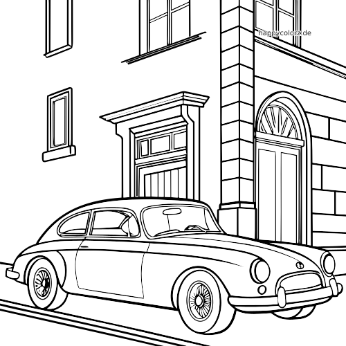 Ein einfach gezeichnetes Oldtimer-Coupé steht neben einem alten Eckgebäude mit großen Türen und Fenstern.
