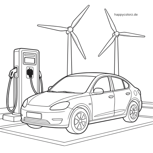 Ein Elektroauto ist in Vorderansicht schräg von vorn an einer Ladestation zu sehen, dahinter stehen zwei große Windräder.