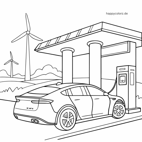 Seitenansicht eines Elektroautos an einer Ladestation unter einem Dach, mit Windrädern im Hintergrund.