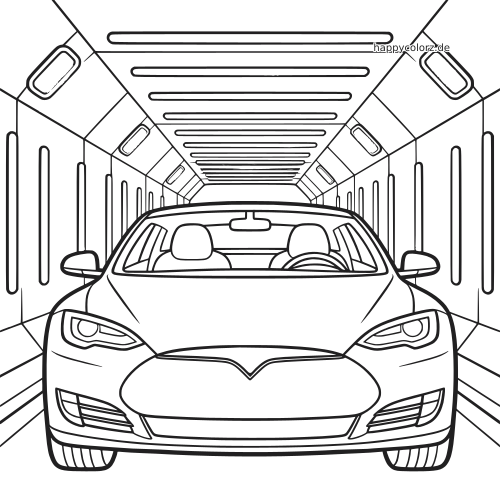 Frontalansicht eines Elektroautos, das durch einen futuristischen Tunnel mit langen Deckenlichtern im klaren Linienstil fährt.