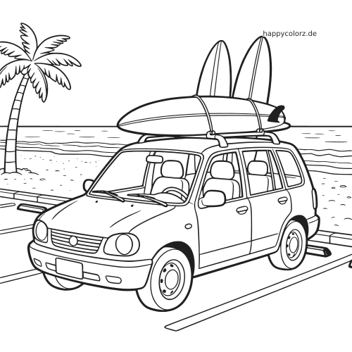 Ein Familienauto steht auf einem Parkplatz am Strand, mit zwei Surfbrettern auf dem Dach in klarer Linienzeichnung.