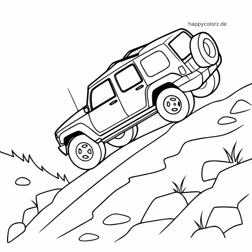 Ein einfacher Geländewagen in Seitenansicht fährt einen steilen Offroad-Hang auf einem felsigen Weg hinauf.