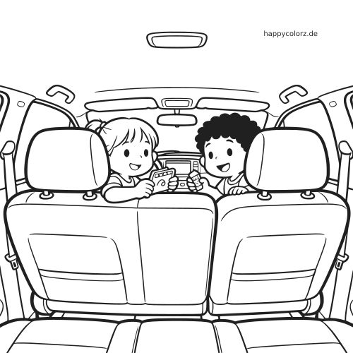Blick in den Innenraum eines Autos, in dem zwei lächelnde Kinder auf der Rückbank mit Handheld-Spielen spielen.