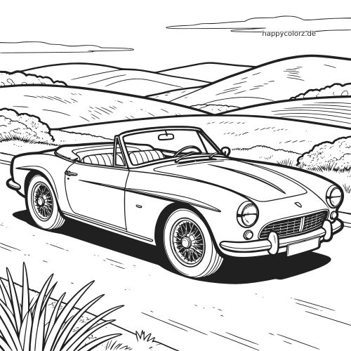 Ein klassisches Cabrio fährt auf einer Landstraße durch eine hügelige Landschaft, gezeichnet mit klaren schwarzen Umrissen.
