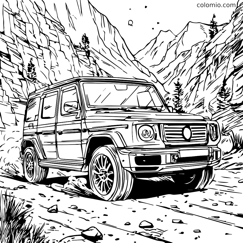Ein detailliertes Färbeblatt mit einem Off-Road G-Series SUV im zeitlosen, kastenförmigen All-Terrain-Stil, der einen felsigen Bergweg entlangfährt.