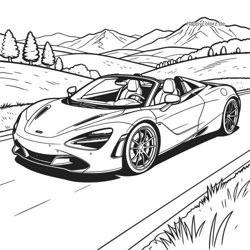 Ein Sportwagen-Cabrio fährt auf einer kurvigen Bergstraße, mit Bergen, Hügeln und Bäumen im Hintergrund.
