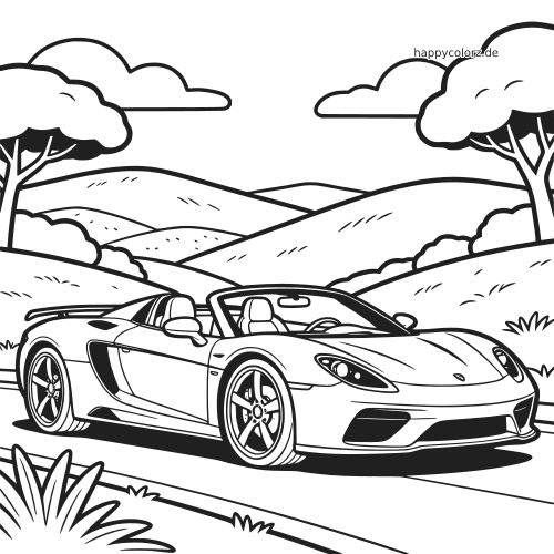 Ein Sportwagen-Cabrio steht auf einer Straße vor sanften Hügeln, Bäumen und Wolken als klare Linienzeichnung.