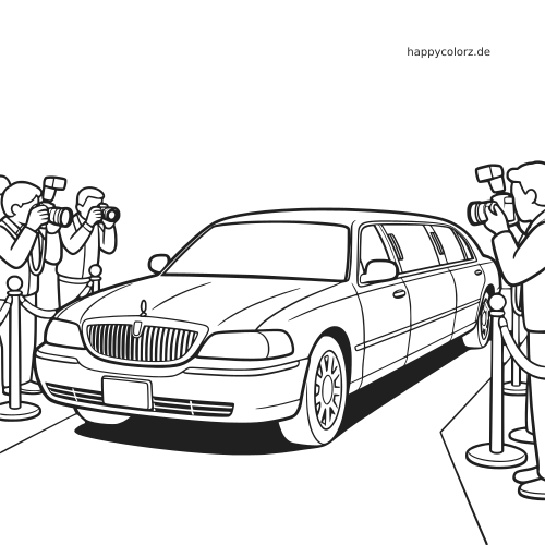Eine lange Stretchlimousine fährt zu einem Event über den roten Teppich, während Fotografen auf beiden Seiten Bilder machen.