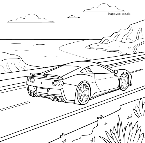 Ein Supersportwagen ist von hinten zu sehen und fährt auf einer Küstenstraße entlang von Klippen und Meer.