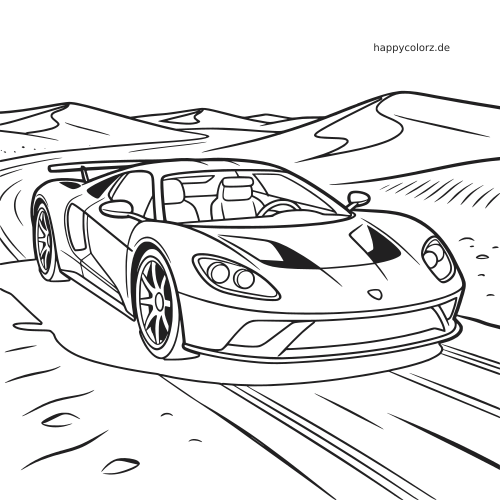 Ein offener Supersportwagen fährt auf einer Wüstenrennstrecke, mit Sanddünen im Hintergrund als klare Linienzeichnung.
