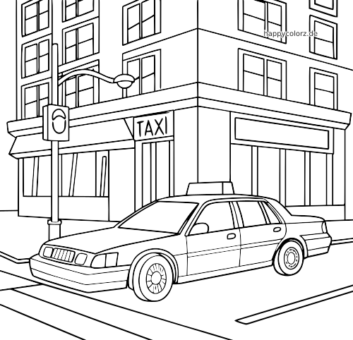 Schwarz-weiße Seitenansicht eines Taxis vor einem Eckgebäude in der Stadt mit Schaufenstern und Straßenlaterne.