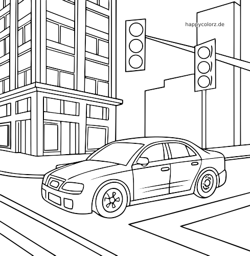Eine Limousine fährt durch eine belebte Stadtstraße mit hohen Gebäuden, Zebrastreifen und Ampeln als einfache Linienzeichnung.
