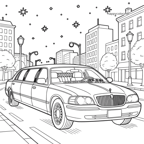 Eine detaillierte lange Limousine fährt nachts durch eine Stadt, mit Sternen, Straßenlaternen und hohen Gebäuden im Hintergrund.