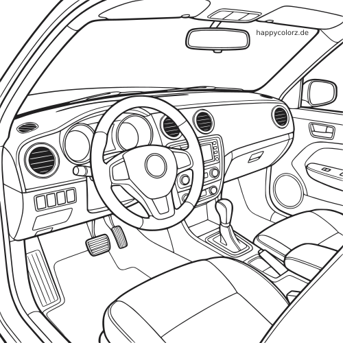 Detaillierte Linienzeichnung eines Auto-Innenraums mit Lenkrad, Armaturenbrett, Pedalen, Sitzen und Mittelkonsole aus Fahrersicht.