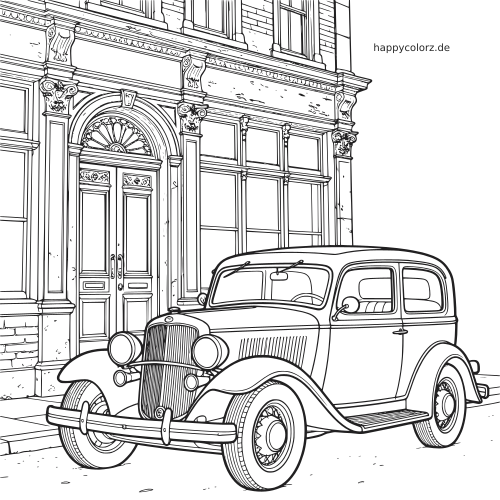 Ein detailreicher Oldtimer steht auf der Straße vor einem verzierten alten Gebäude mit hohen Fenstern und kunstvoller Eingangstür.