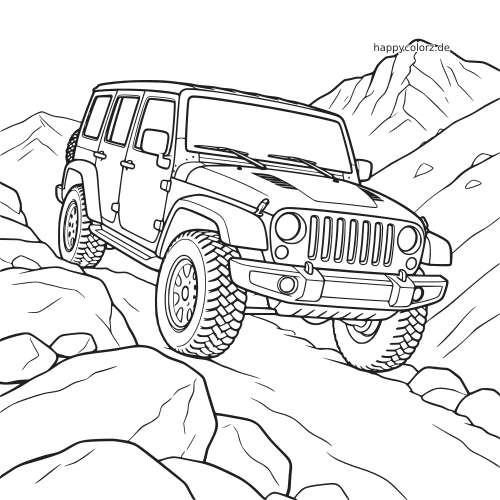 Ein detailreicher Geländewagen fährt aus schräger Vorderansicht über große Felsen auf einem steilen Bergpfad.