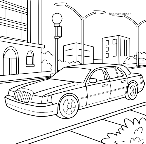 Eine lange Limousine mit klaren Umrissen fährt auf einer Stadtstraße, mit Straßenlaternen und einfachen Gebäuden im Hintergrund.