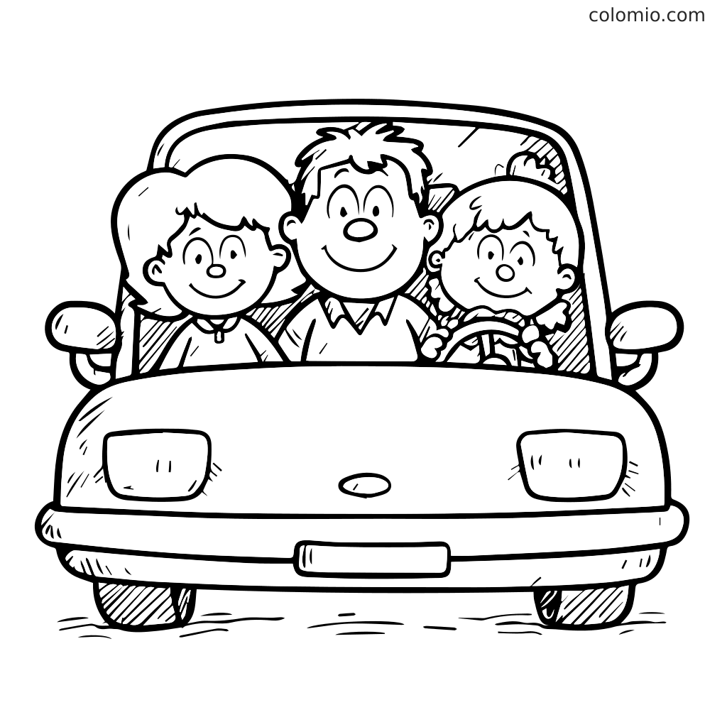 Ein Ausmalbild mit einer glücklichen Familie im Auto, bereit für ein Abenteuer.