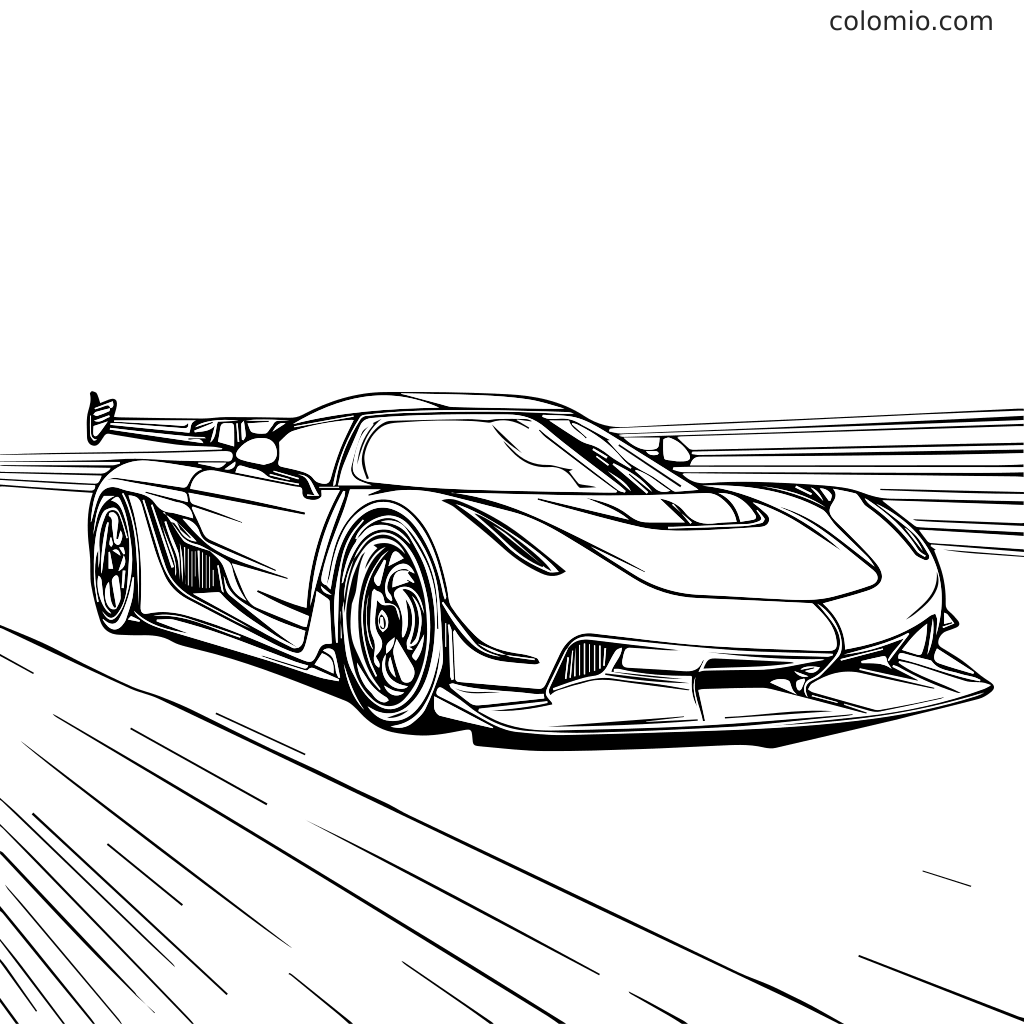 Eine detaillierte Linienzeichnung eines schnellen Sportwagens in Bewegung auf einer Rennstrecke, perfekt zum Ausmalen.