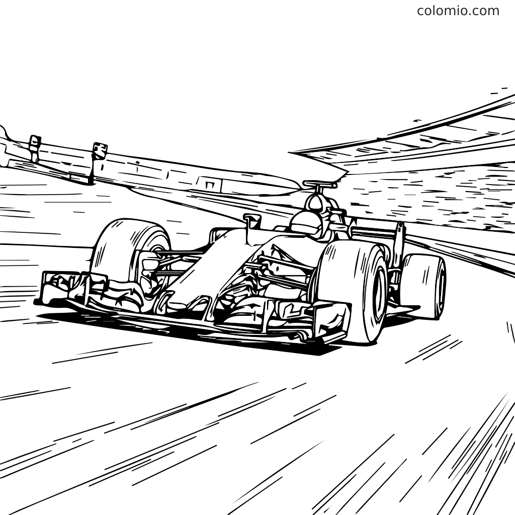 Eine detaillierte Umrisszeichnung eines Rennwagens, der auf einer Strecke fährt, perfekt zum Ausmalen.