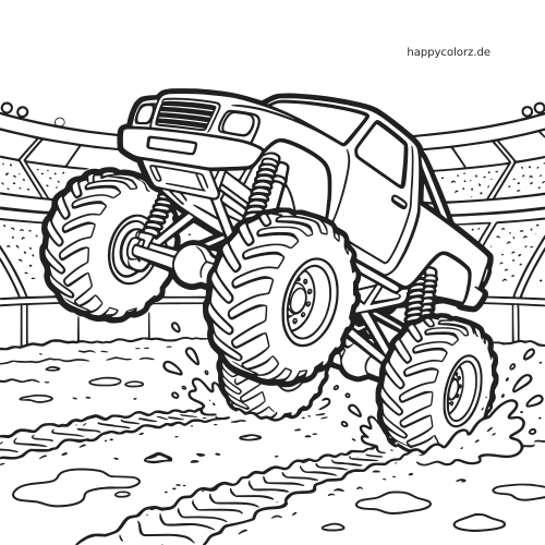 Ein Monstertruck macht einen Wheelie in einer schlammigen Arena, mit riesigen Reifen, aufspritzendem Schlamm und Tribünen im Hintergrund.