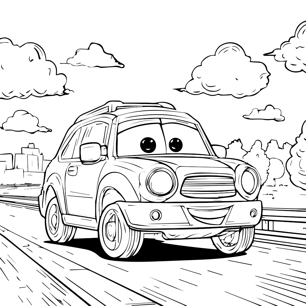 Ein fröhliches Cartoon-Auto mit großen Augen, das auf einer Straße unter einem bewölkten Himmel fährt, bereit zum Ausmalen.