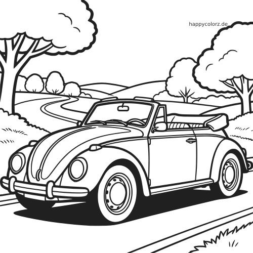 Schwarz-weißes Oldtimer-Cabrio in Vorderansicht auf einer kurvigen Landstraße, umgeben von Bäumen und Hügeln.