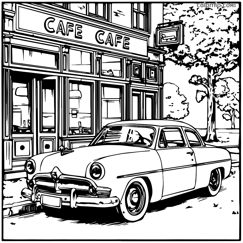 Ein klassisches Auto vor einem Café, perfekt zum Ausmalen.