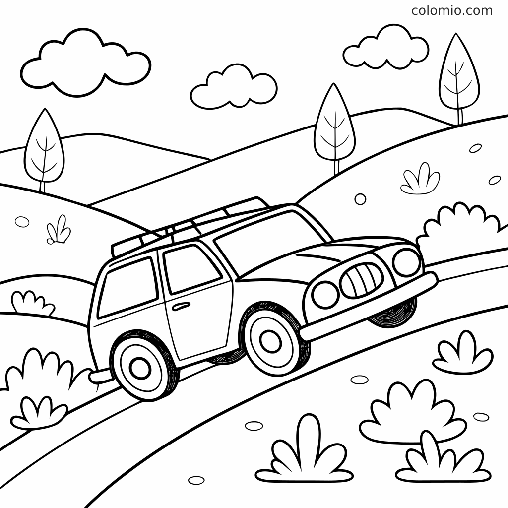 Ein einfacher SUV fährt eine kurvige Hügelstraße hinauf, mit Bäumen, Büschen, Wolken und sanften Hügeln im Hintergrund.