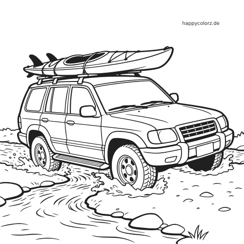 Schwarz-weiße Linienzeichnung eines SUV mit zwei Kajaks auf dem Dach, der durch eine flache, steinige Flussfurt fährt.