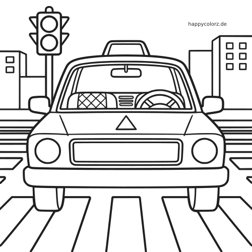 Schwarz-weiße Vorderansicht eines Taxis an einer städtischen Kreuzung mit Zebrastreifen, Ampel und Gebäuden.