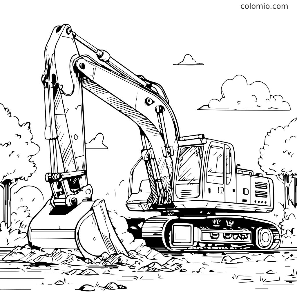 Bagger Ausmalbild für Kinder zum Ausdrucken und Ausmalen Eine schwarz-weiße Umrisszeichnung eines Baggers, der auf einer Baustelle mit Bäumen und Wolken im Hintergrund gräbt.