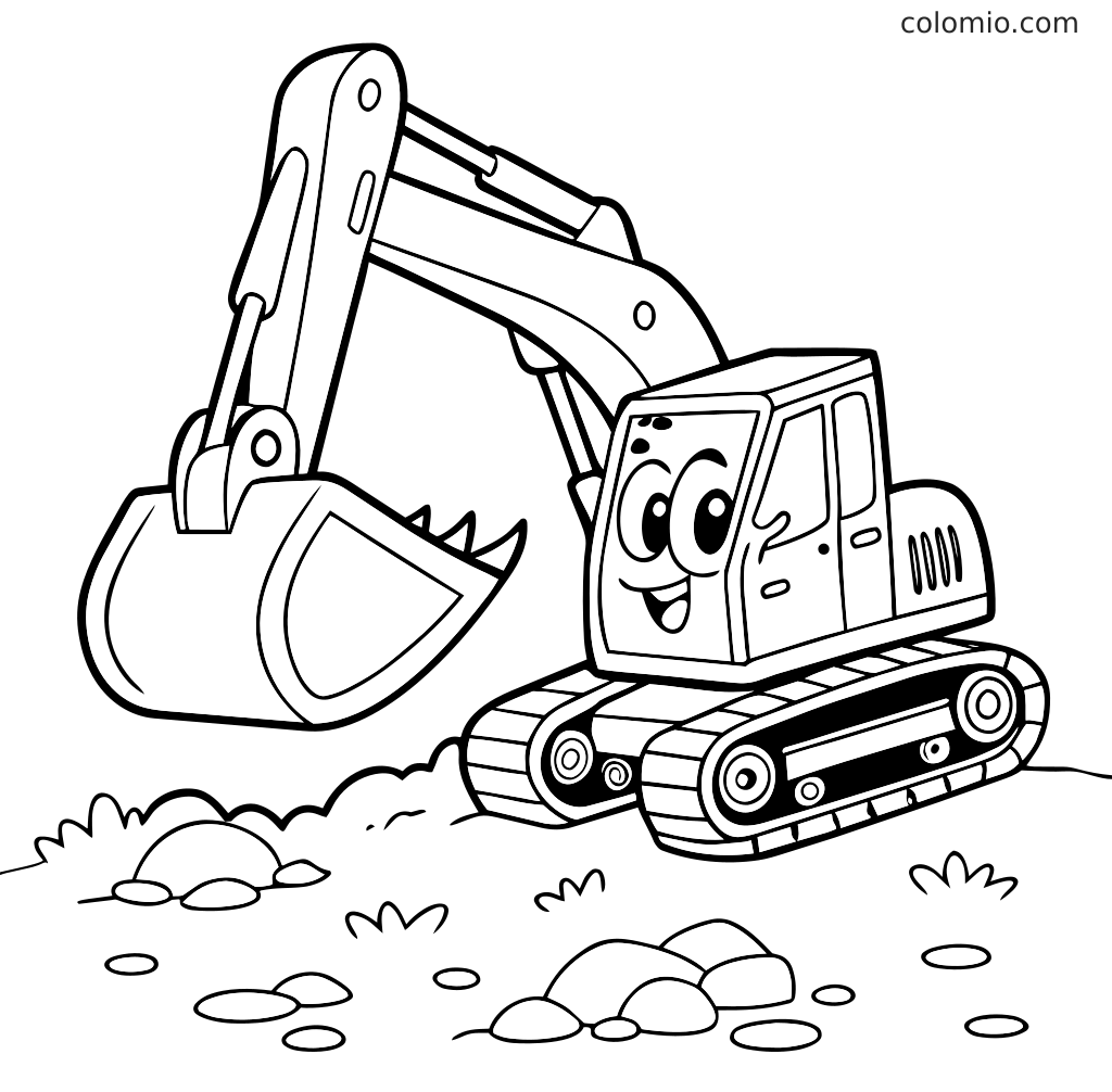 Eine Bagger-Ausmalseite im Comicstil mit einem Kettenbagger, großer Schaufel, Arm und einfachen Steinen auf dem Boden.