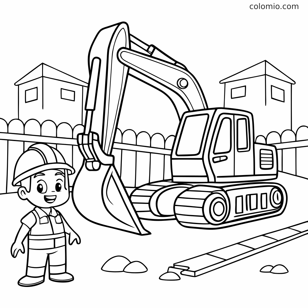 Ein Bagger mit großer Schaufel steht auf einer Baustelle neben einem Arbeiter mit Schutzhelm und Sicherheitsweste.