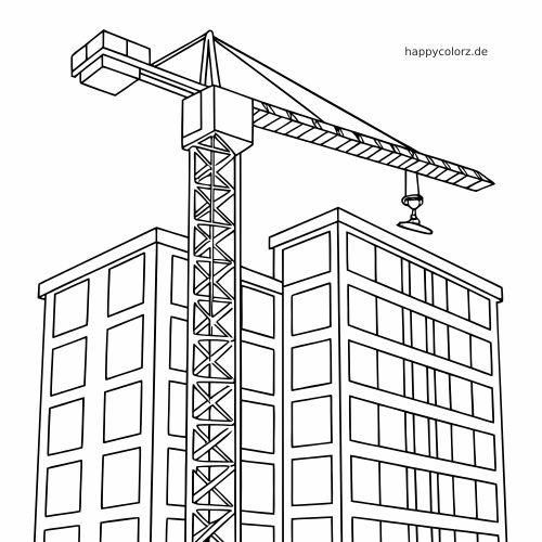 Eine einfache Linienzeichnung zeigt einen hohen Baukran neben einem Hochhaus im Bau mit herabhängendem Haken.